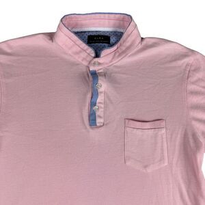 ZARA Polo Shirt Men's Large Pink Short Sleeve Blue Casual Pocket Collared Preppy